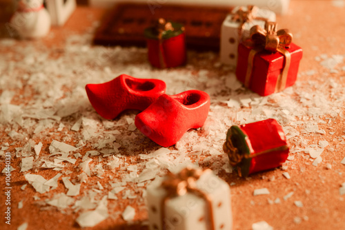 Christmas red shoes and gift ornaments