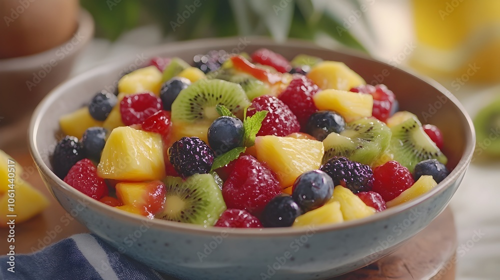 Vibrant and Nutritious Fruit Salad with Mixed Berries,Kiwi,and Pineapple in a Bowl Vibrant and Nutritious Fruit Salad with Mixed Berries,Kiwi,and Pineapple in a Bowl