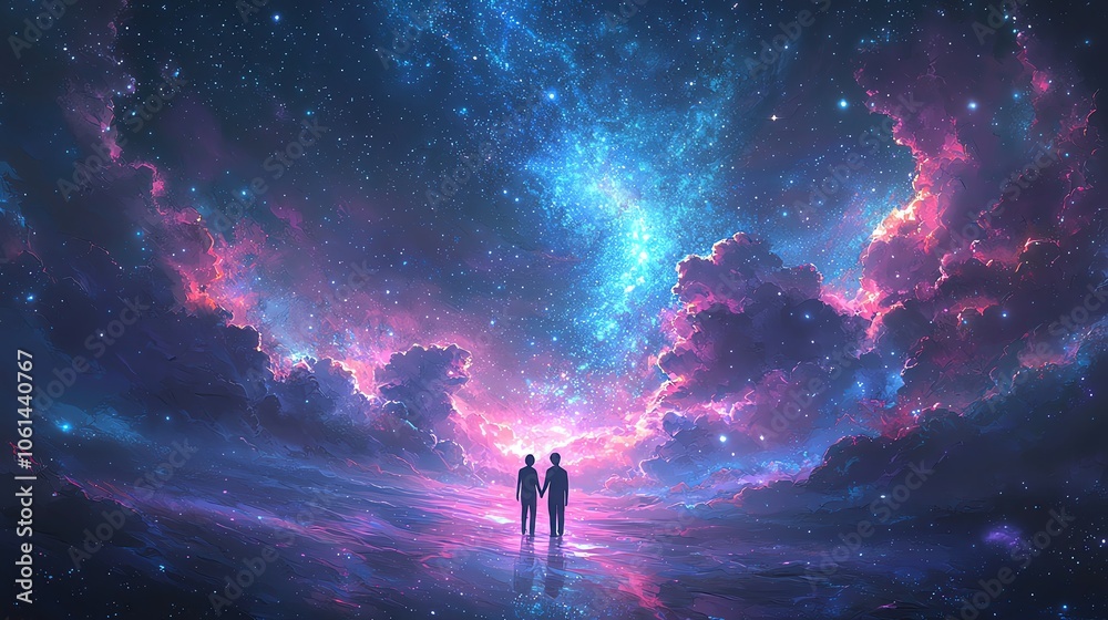 Fototapeta premium Couple holding hands in dreamy sky clouds Cosmic connection in vibrant galaxy backdrop
