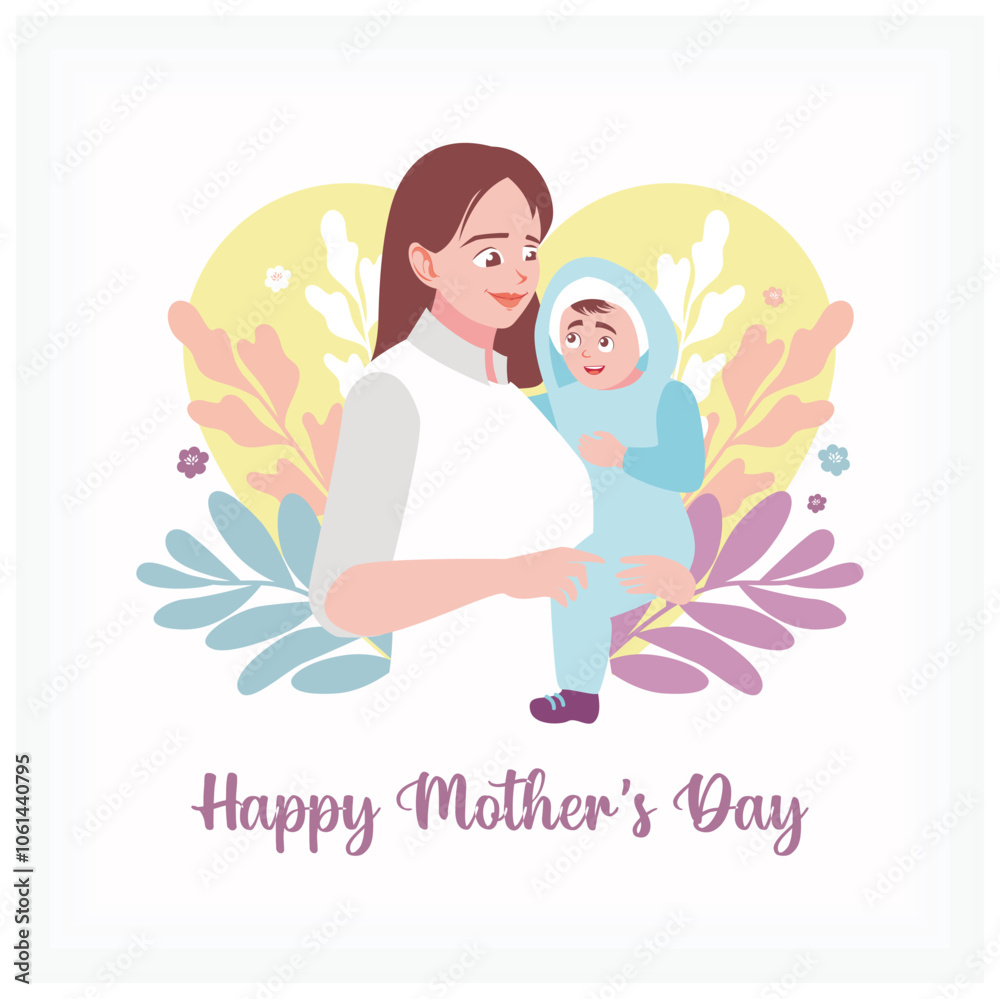 A mother holds a baby boy. Background of leaves and heart shape. Mother's Day concept. Flat vector illustration. A mother holds a baby boy. Background of leaves and heart shape. Mother's Day concept. Flat vector illustration.