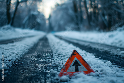 warning sign because of the black ice on the snowy road