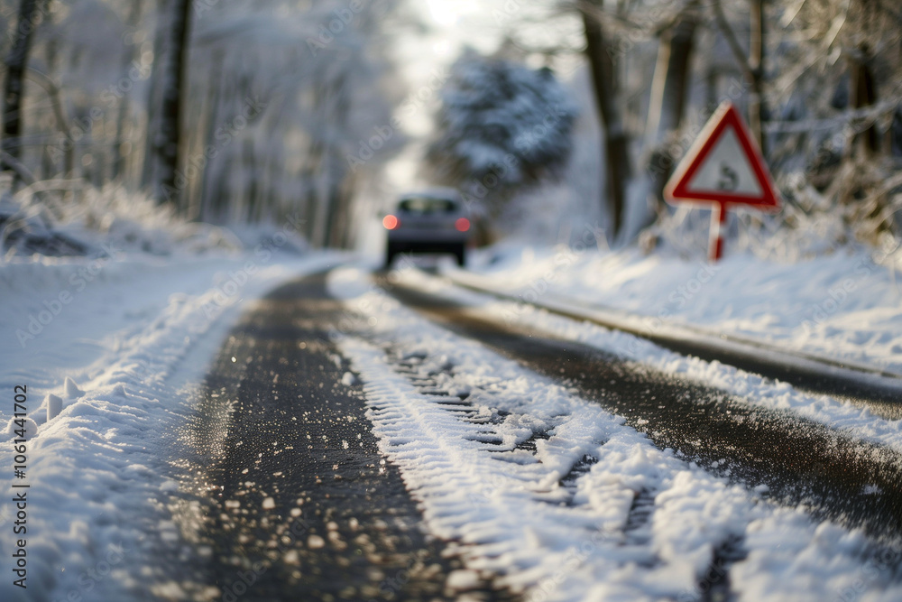 warning sign because of the black ice on the snowy road
warning sign because of the black ice on the snowy road