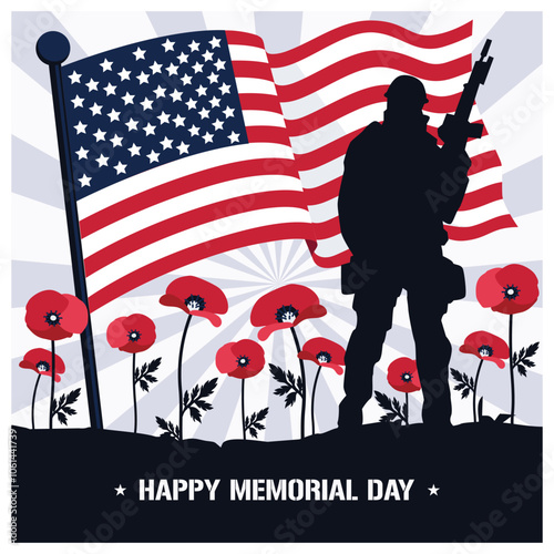 A soldier with red poppies and an American flag. Commemorating the services of heroes. Memorial Day concept. Flat vector illustration.