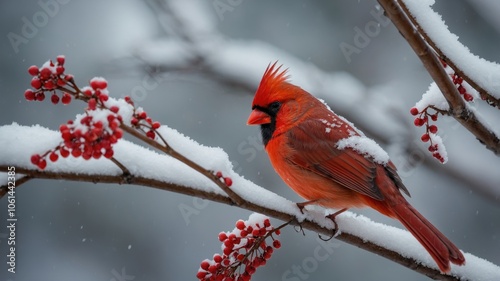 A detailed shot of a red cardinal perched on a branch, showcasing its vibrant plumage and the surrounding winter scenery. photo