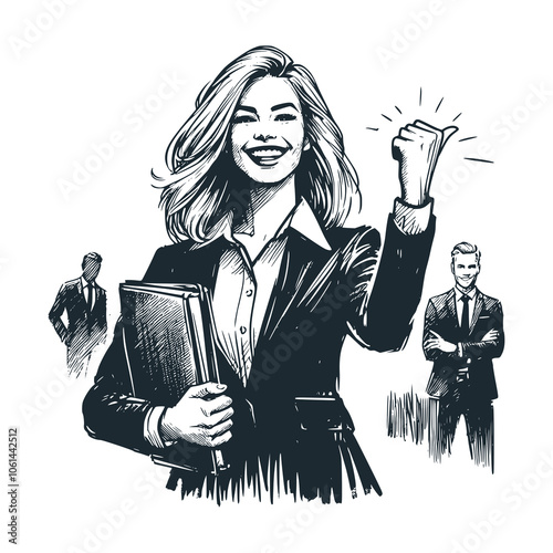 Manager's optimistic smile. Black white vector illustration.