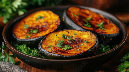  Roasted Acorn Squash with Fresh Herbs on Rustic Plate