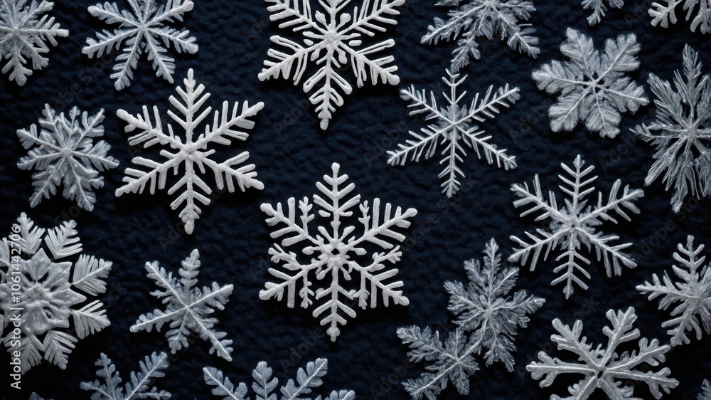 A detailed view of delicate snowflakes captured on a surface, showcasing their unique shapes and intricate patterns in a winter setting. A detailed view of delicate snowflakes captured on a surface, showcasing their unique shapes and intricate patterns in a winter setting.