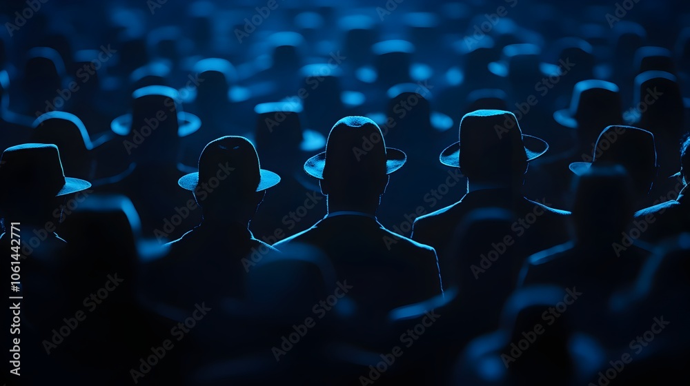 Obraz premium Silhouetted Crowd with Diverse Details in Moody Blue Environment