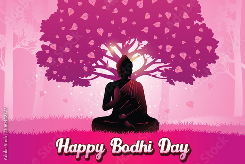Buddha's Silhouette Meditating Near Peepal Tree Pink Background. Concept Design Vector Illustration For Bodhi Day, Buddha Purnima, Vesak, Rohatsu, Makha Bucha Etc.