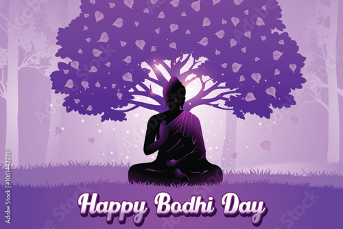 Buddha's Silhouette Meditating Near Peepal Tree Purple Background. Concept Design Vector Illustration For Bodhi Day, Buddha Purnima, Vesak, Rohatsu, Makha Bucha Etc.