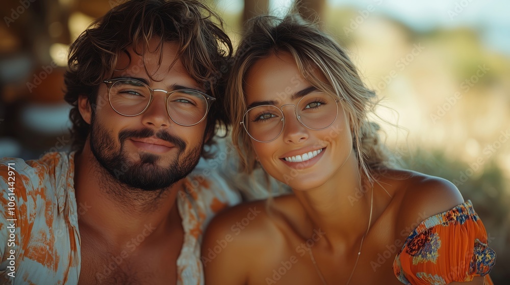 Radiant Smiles of a Young Couple in a Sunlit Outdoor Setting Radiant Smiles of a Young Couple in a Sunlit Outdoor Setting