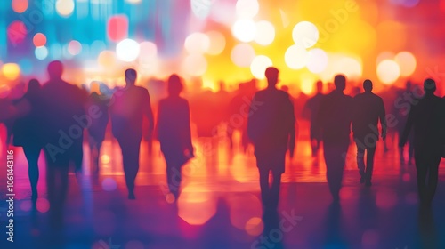 Silhouetted Crowd in Motion with Glowing Diverse Backgrounds and Stances