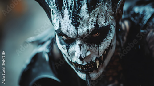 A haunting demon with elaborate face paint and sharp features.