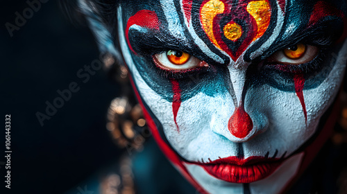 A haunting demon with elaborate face paint and sharp features.