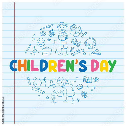 Cute hand drawing on lined paper. Children's doodles and toys. Children's Day concept. Flat vector illustration.