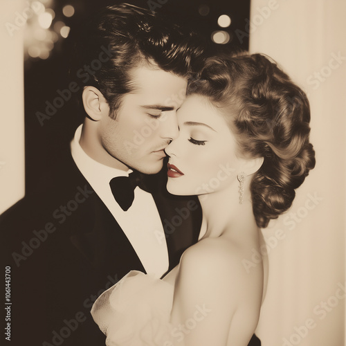 Retro vintage poster, with a beautiful couple in love, in an elegant but sensual mood	
