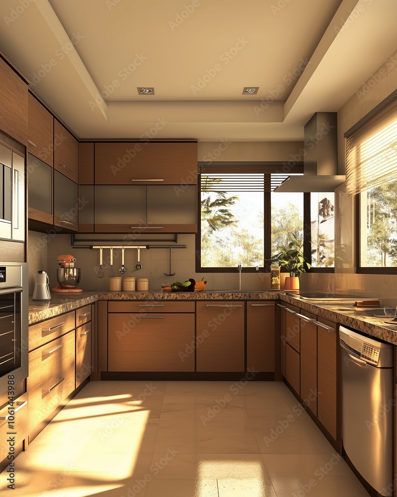 Warm Modern Kitchen with Wood Cabinets and Sunlit Countertops, Cozy and Functional Interior Design, Contemporary Home Decor Inspiration, Residential Kitchen in Natural Light Warm Modern Kitchen with Wood Cabinets and Sunlit Countertops, Cozy and Functional Interior Design, Contemporary Home Decor Inspiration, Residential Kitchen in Natural Light