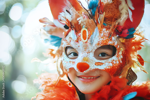 Festive portrait of a child as a quadrober in a vibrant animal costume. photo