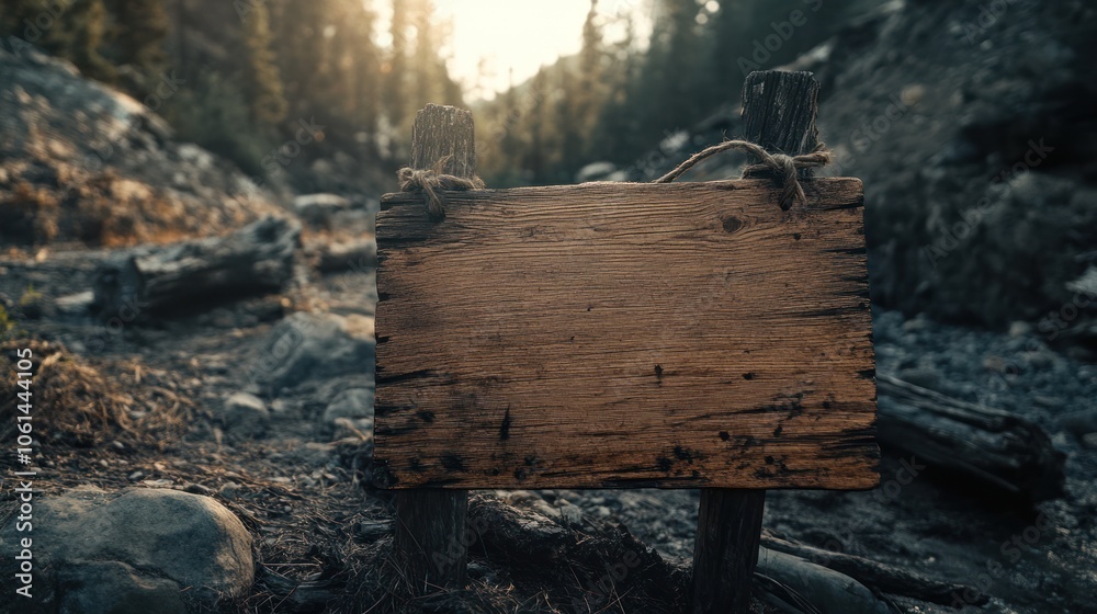 Fototapeta premium A rustic wooden signpost stands in a natural setting, suggesting a trail or direction.