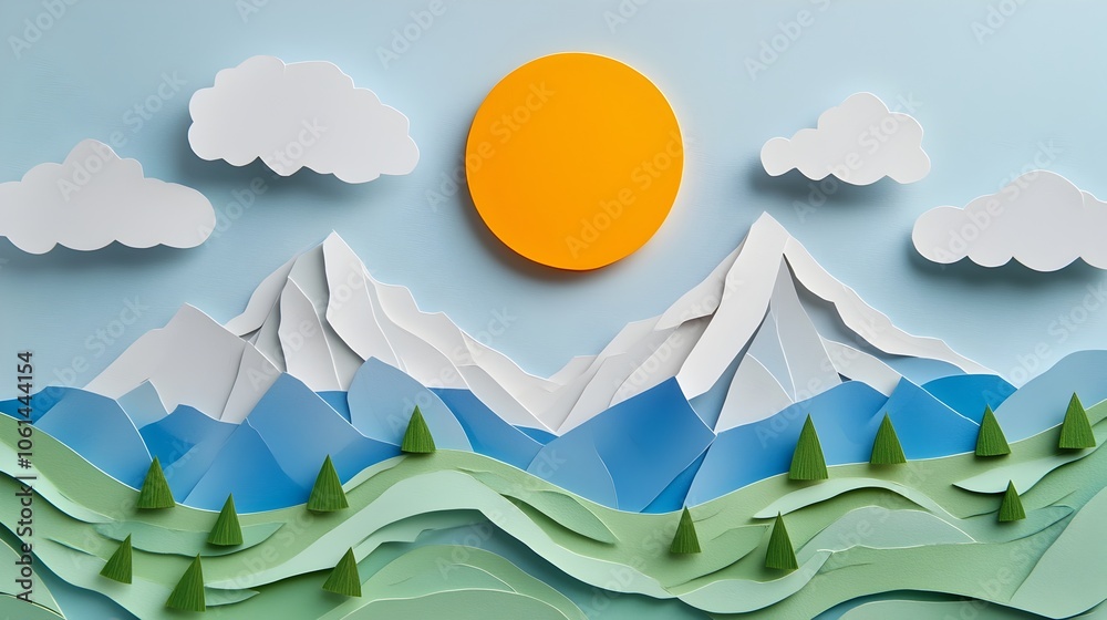 Layered Papercut Mountains and Sky with Eco-Friendly Scenic Landscape