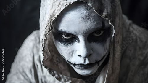 A haunting specter look with ghostly white face and dark shadows.