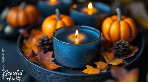 Autumn Candle Arrangement with Pumpkins and Fall Leaves