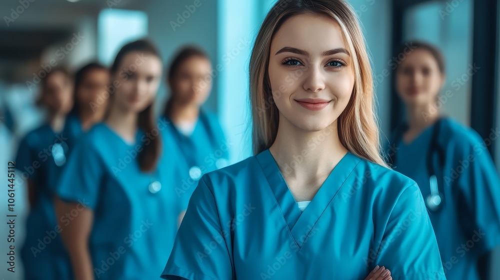 Group portrait of nursing students and interns in a clinical setting. Group portrait of nursing students and interns in a clinical setting.