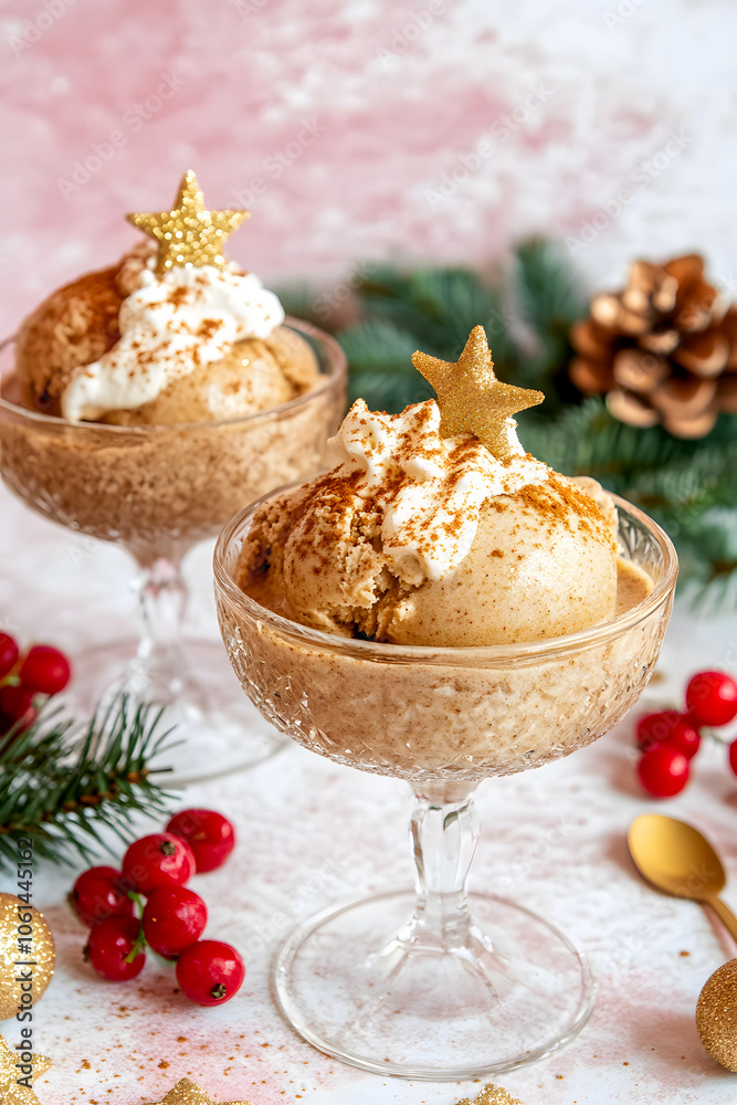 Eggnog Ice Cream with Whipped Cream and Gold Stars in Decorative Glass Eggnog Ice Cream with Whipped Cream and Gold Stars in Decorative Glass