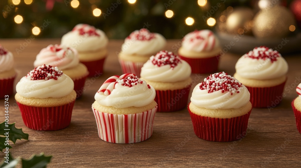 Assortment of festive mini cupcakes with candy cane and holly toppings, on a wooden table with Christmas lights in the background Assortment of festive mini cupcakes with candy cane and holly toppings, on a wooden table with Christmas lights in the background
