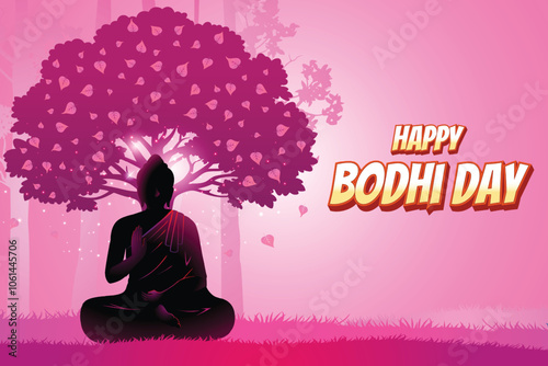 Buddha's Silhouette Meditating Near Peepal Tree Pink Background. Concept Design Vector Illustration For Bodhi Day, Buddha Purnima, Vesak, Rohatsu, Makha Bucha Etc.