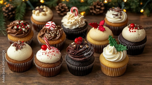 Assortment of festive mini cupcakes with candy cane and holly toppings, on a wooden table with Christmas lights in the background