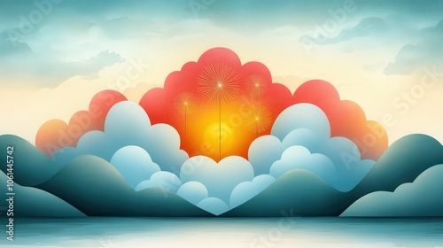 A vibrant sunset scene with colorful clouds framing a bright sun, set above serene mountains and calm waters.
