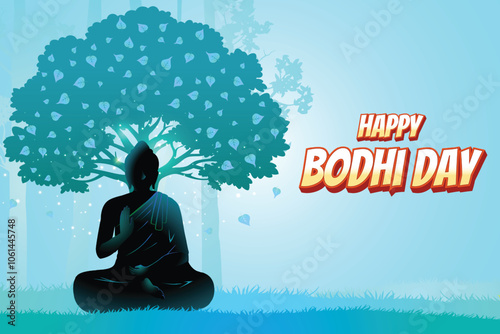 Buddha's Silhouette Meditating Near Peepal Tree Blue Background. Concept Design Vector Illustration For Bodhi Day, Buddha Purnima, Vesak, Rohatsu, Makha Bucha Etc.