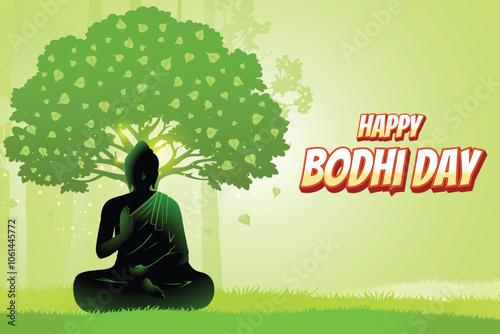 Buddha's Silhouette Meditating Near Peepal Tree Green Background. Concept Design Vector Illustration For Bodhi Day, Buddha Purnima, Vesak, Rohatsu, Makha Bucha Etc.