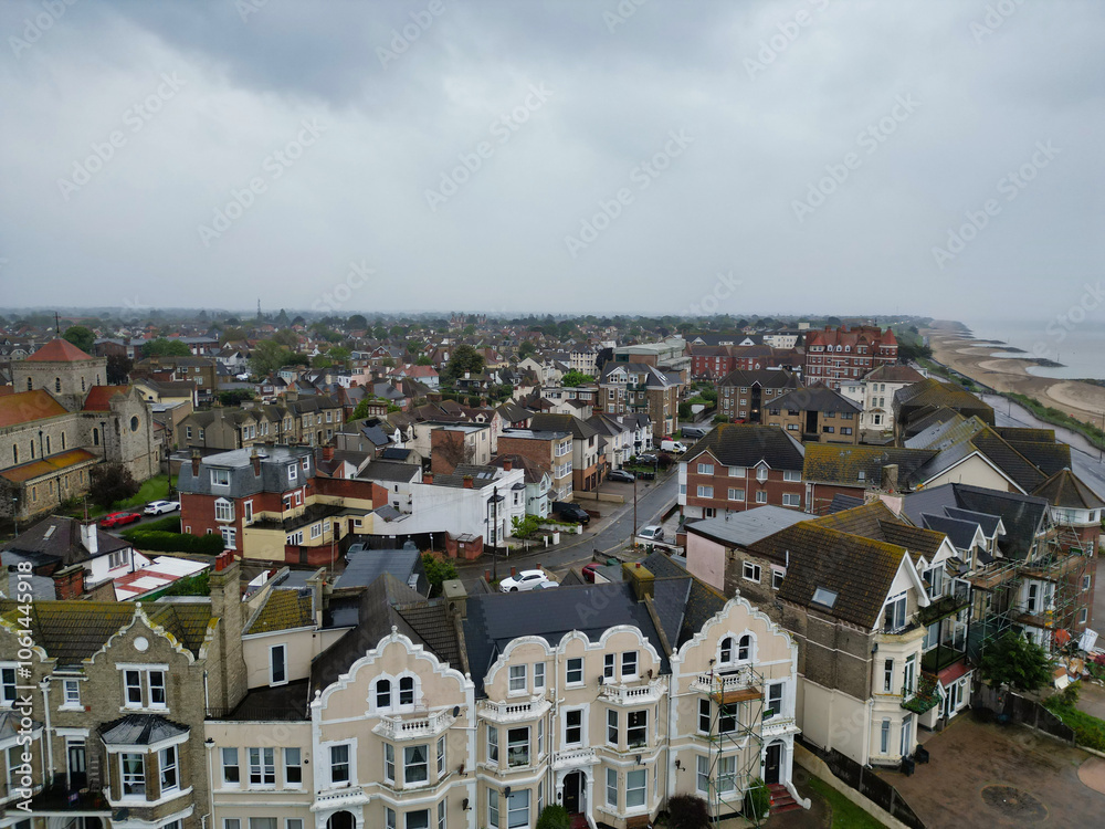 Fototapeta premium High Angle View of Most Beautiful and Attractive British Tourist Attraction Downtown Central Clacton on Sea City of England United Kingdom. Aerial Footage Was Captured on May 21st, 2024