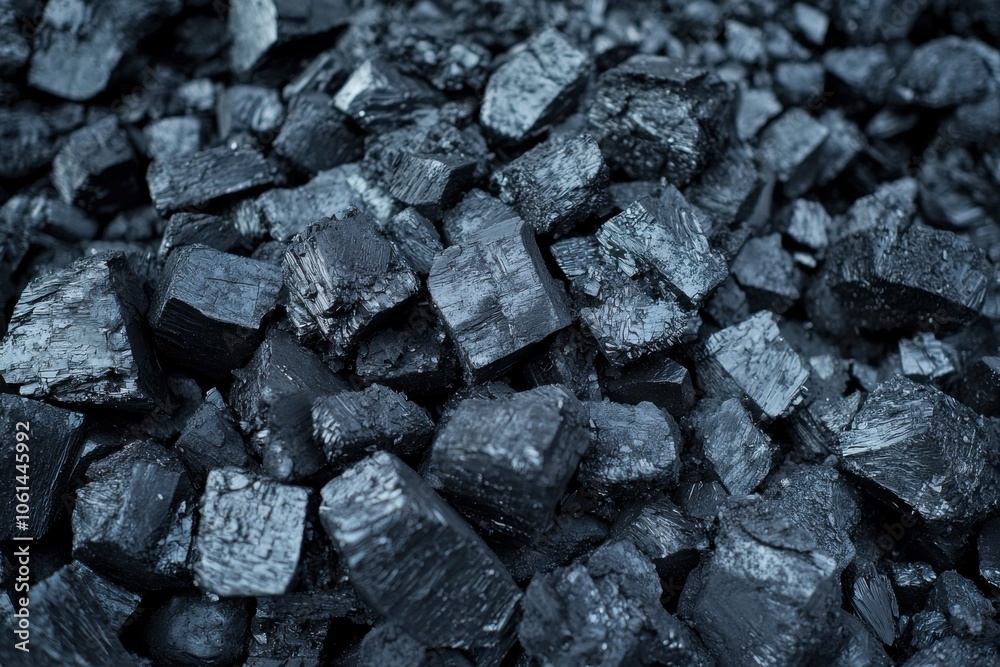 A close-up view of dark, shiny coal chunks, emphasizing their texture and arrangement. A close-up view of dark, shiny coal chunks, emphasizing their texture and arrangement.