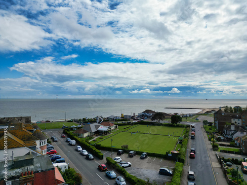 High Angle View of Most Beautiful and Attractive British Tourist Attraction Downtown Central Clacton on Sea City of England United Kingdom. Aerial Footage Was Captured on May 21st, 2024 photo