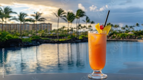 A bright cocktail with straw and fruit garnish on the pool edge, overlooking a tranquil resort pool with reflections of palm trees in the water