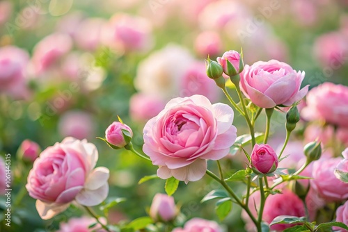 Field of delicate pink rosebuds swaying gently in the breeze, blossom, field, pink