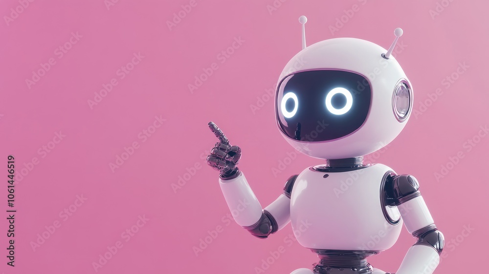 Fototapeta premium White Robot Pointing on Pink Background