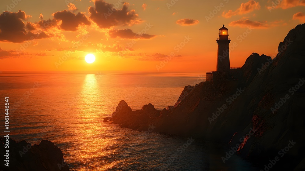 Scenic view of a lighthouse on a rocky coastline at sunset Scenic view of a lighthouse on a rocky coastline at sunset