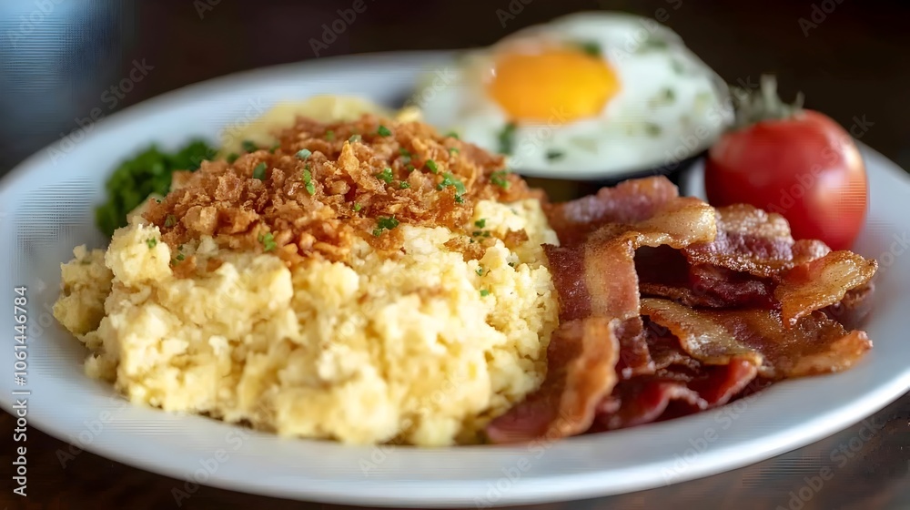Classic American Breakfast Spread with Fluffy Scrambled Eggs,Crispy Bacon,and Seasoned Hash Browns Classic American Breakfast Spread with Fluffy Scrambled Eggs,Crispy Bacon,and Seasoned Hash Browns