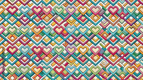 Geometric pattern of interlocking hearts in different sizes and colors, colorful, geometric