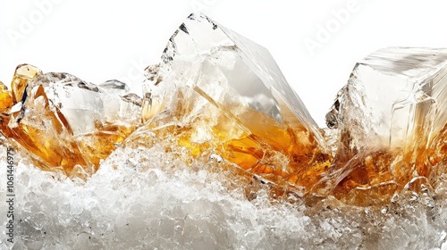 Close-up of translucent citrine and quartz crystals against a white background photo