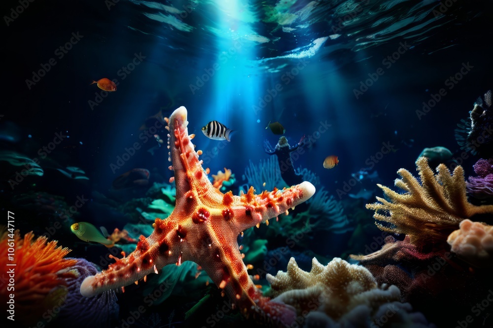 starfish and coral in an underwater scene starfish and coral in an underwater scene