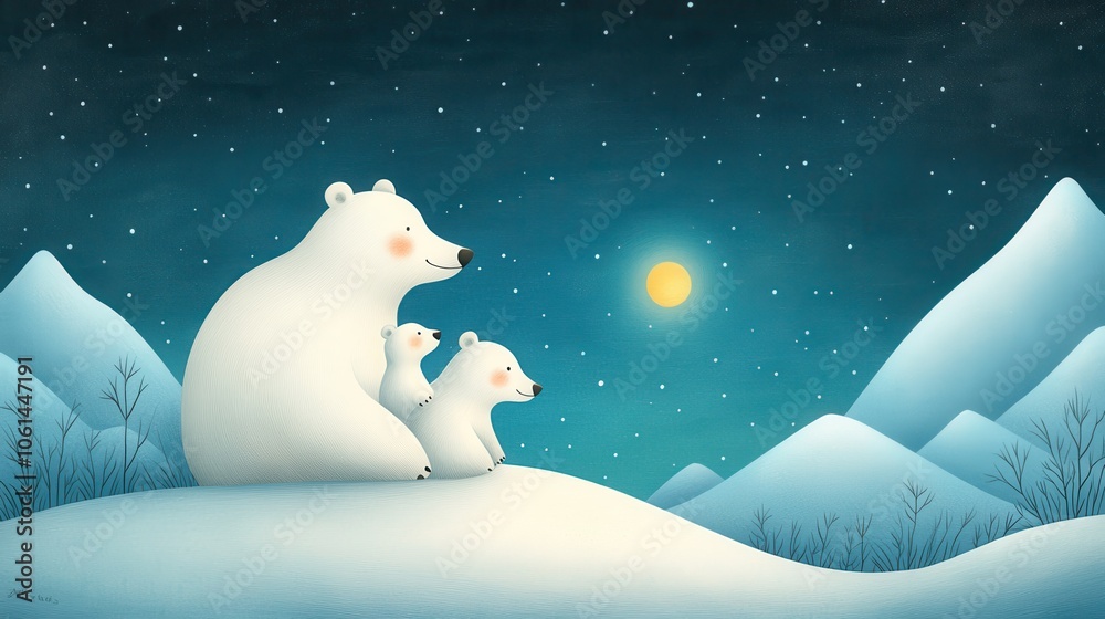 Obraz premium A charming scene featuring a mother polar bear with her two cubs against a snowy landscape under a starry sky.