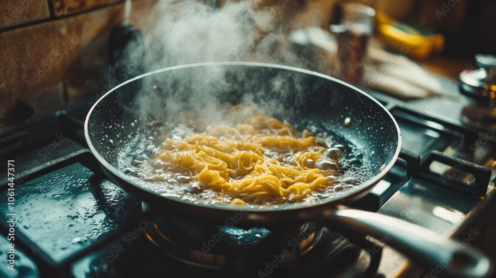 Black pan filled with boiling spaghetti, with hot water bubbling and steam, set on a stovetop for an Italian meal prep scene Black pan filled with boiling spaghetti, with hot water bubbling and steam, set on a stovetop for an Italian meal prep scene