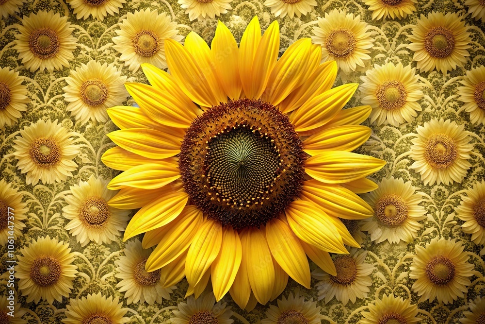 Fototapeta premium Large yellow sunflower petals with dark centers in a repeating pattern on a textured wallpaper background, nature-inspired designs, bright and cheerful decor