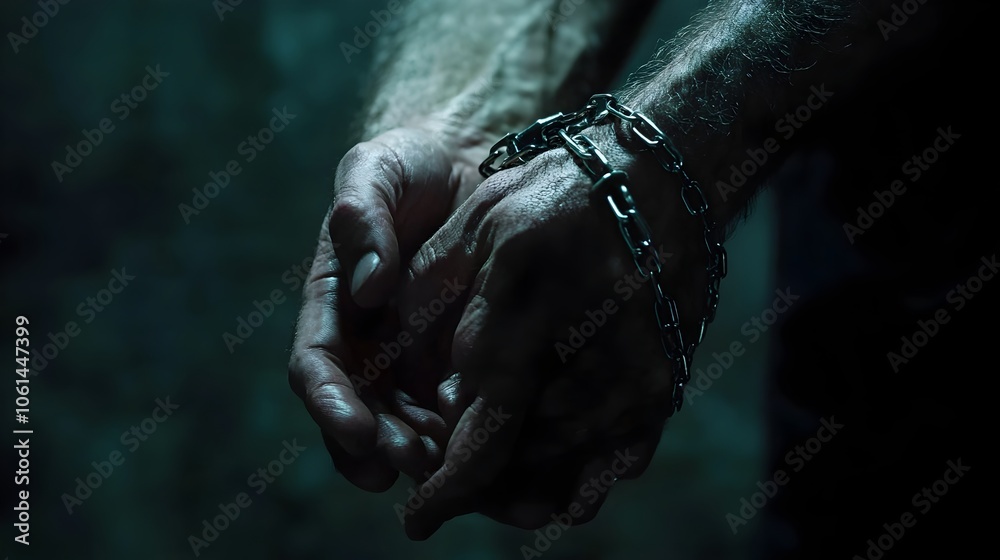 Hands Bound in Metal Handcuffs Against Dark Background,Justice Concept Hands Bound in Metal Handcuffs Against Dark Background,Justice Concept