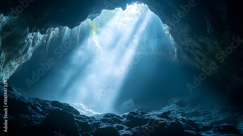 A hidden cave shrouded in mist, rumored to harbor lost souls. photo